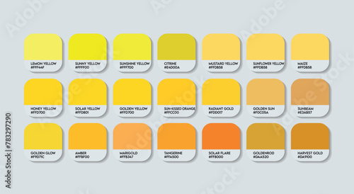 Sun Color Guide Palette with Color Names. Catalog Samples Yellow with RGB HEX codes and Names. Metal Colors Palette Vector, Wood and Plastic Yellow Color Palette, Fashion Trend Sun Color Palette