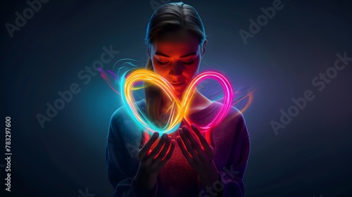 A beautiful woman holding an autism infinity rainbow symbol. Generative AI