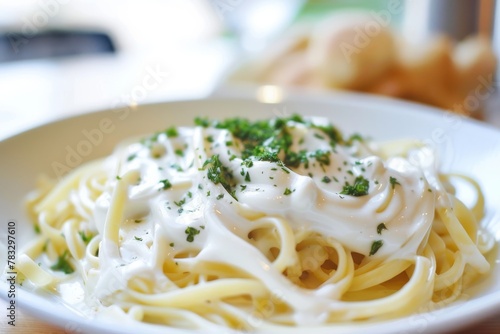 Close-up of creamy Alfredo fettuccine pasta garnished with parsley on a white plate. Creamy Alfredo Fettuccine Pasta Close-Up