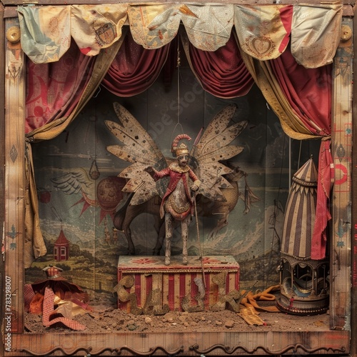 Antique Circus Diorama,An antique circus diorama with a whimsical fairy rider atop a horse, evoking a sense of wonder and nostalgia for bygone eras of entertainment and imagination