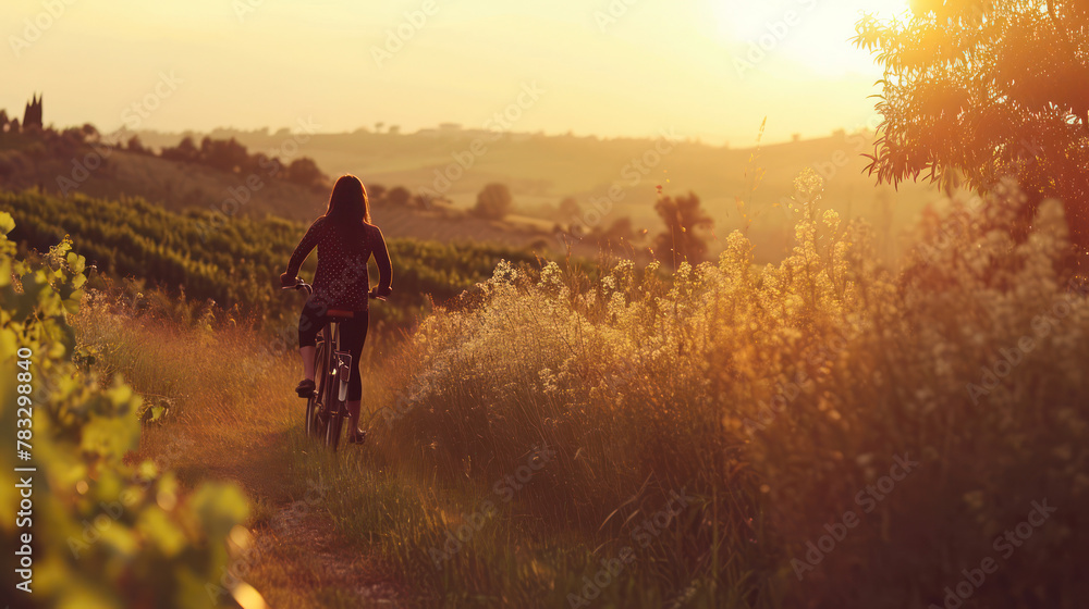 teen girl is riding bicycle in the flower field in the sun set light teen girl is riding bicycle in the flower field in the sun set light