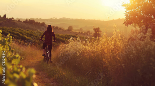 teen girl is riding bicycle in the flower field in the sun set light  photo
