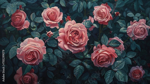 In the oil painting roses bloom in deep reds and soft pinks a testament to love and passion amidst dark green leaves