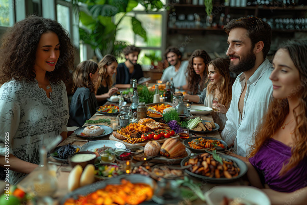 People at the table celebrating Passover. Traditional Jewish food for Passover