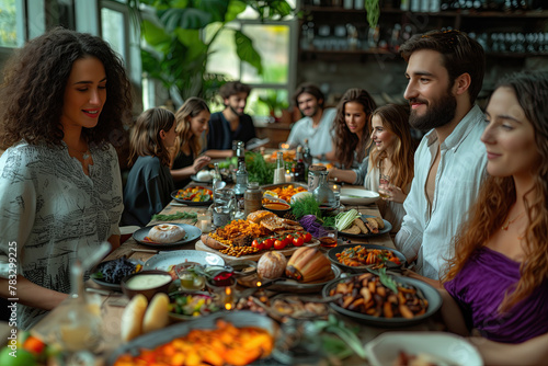 People at the table celebrating Passover. Traditional Jewish food for Passover