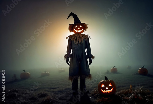 Jack O Lantern. A terrible scarecrow in old clothes and a pumpkin's head, on a foggy field. Concept poster of Halloween.