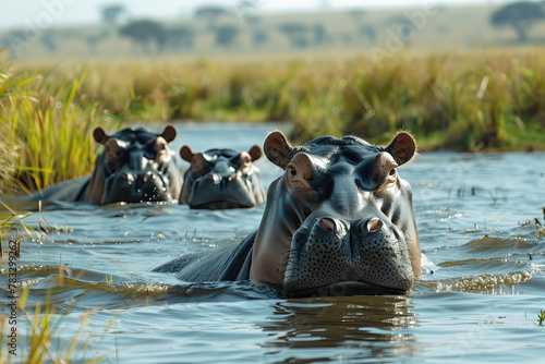 A group of hippos in the waters of a river in summer photo