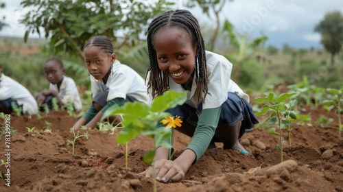 Schoolgirls sow trees, nurturing nature's bounty. Let's empower the next generation for a thriving planet