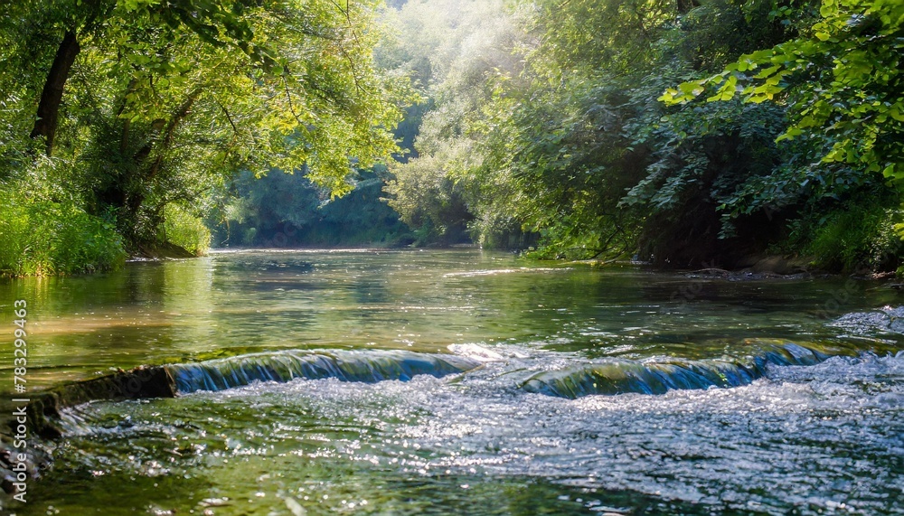 Obraz premium Beautiful water flows gently on the riverbed in midsummer, and the gentle light of the sun illuminates the surrounding area, creating a beautiful backdrop.