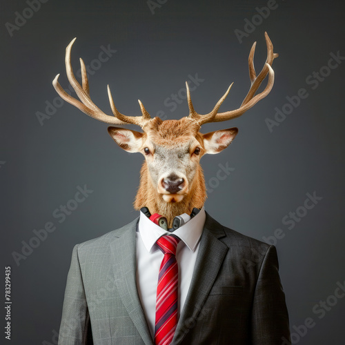 An Elegant Man in very good Clothes with the Face of a Forest Animal on a Dark Gray Background Wallpaper Background Cover Magazine Journal Illustration Brainstorming Digital Art
