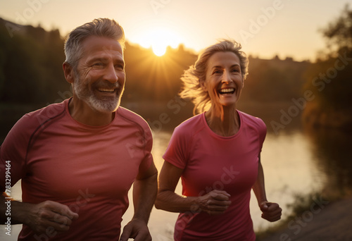 Radiant Couple Jogging at Sunset photo
