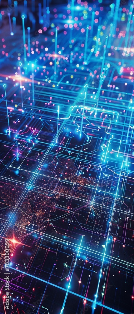 Fototapeta premium Abstract cyber realm concept, 3D render of complex neon wireframe lattices and structures--sref https://cdn.midjourney.com/8e40a2b0-bf5f-4228-b744-1585318f5926/0_3.webp