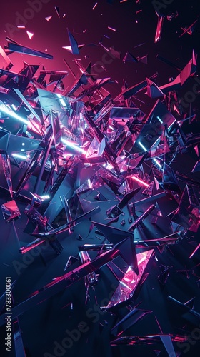 Abstract digital art, 3D render of shattered neon shapes with glitched fragments, 2D Continuous Line Drawing