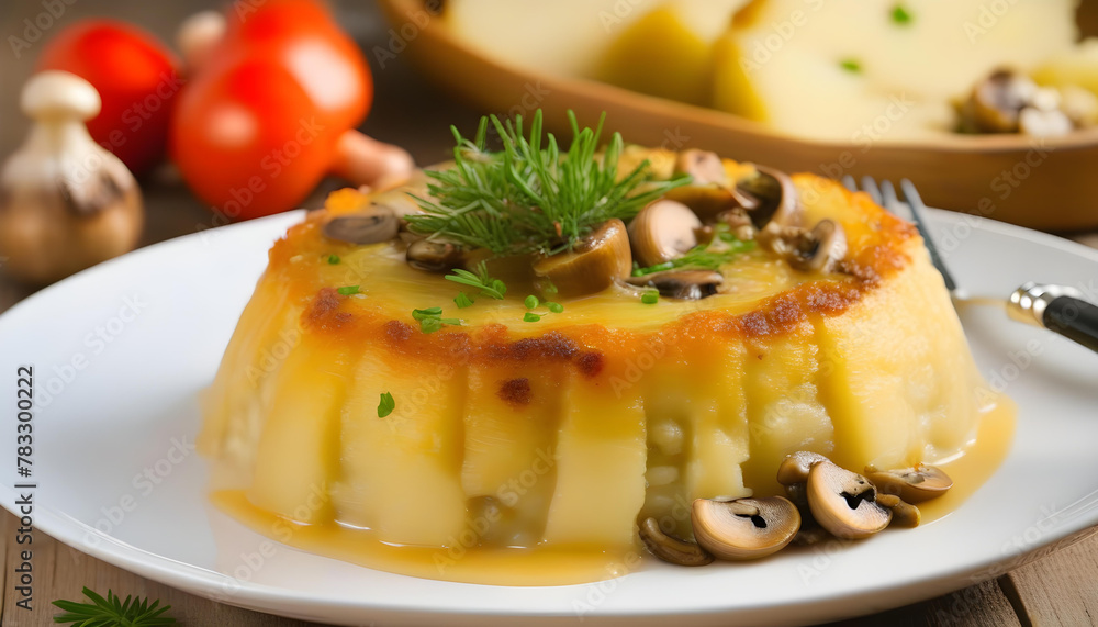 A close-up of a potato pudding with mushroom stuffing on a white plate on rustic wooden planks A close-up of a potato pudding with mushroom stuffing on a white plate on rustic wooden planks