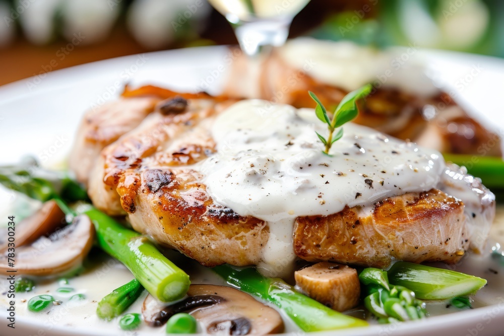 Tender grilled pork chop drizzled with creamy mustard sauce, paired with roasted vegetables and herbs. Grilled Pork Chop with Creamy Mustard Sauce