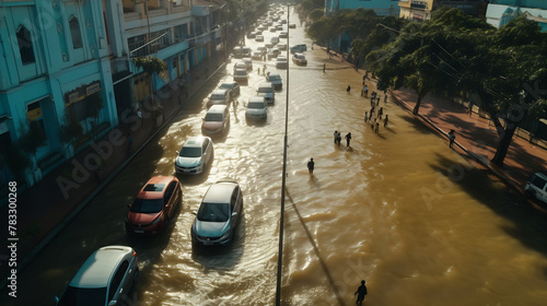 Flooded street with cars and people walking photo