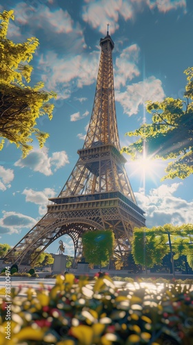 majestic Eiffel Tower stands tall under the sunny blue sky surrounded by green springtime foliage