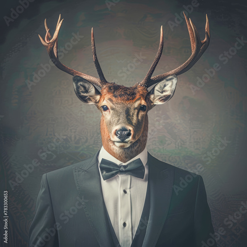 An Elegant Man in very good Clothes with the Face of a Forest Animal on a Dark Gray Background Wallpaper Background Cover Magazine Journal Illustration Brainstorming Digital Art © Korea Saii
