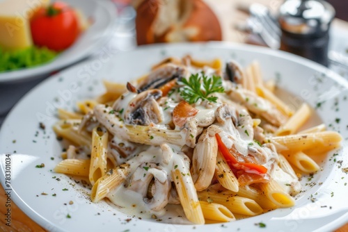 Al dente penne pasta tossed in a rich and creamy mushroom sauce with herbs, served on a white plate. Penne Pasta with Creamy Mushroom Sauce