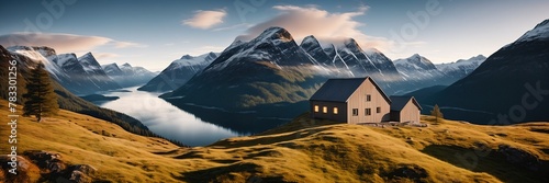 Scandinavian northern fjord landscape. Modern Scandinavian residential building against a backdrop of nature. Housing in the middle of nowhere. Mountain panorama. Minimalistic house. photo