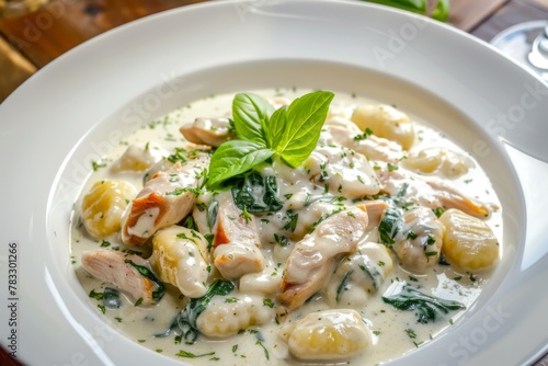 Gnocchi pasta in a smooth cream sauce with tender chicken pieces and spinach, served in a white bowl. Gnocchi in Cream Sauce with Chicken and Spinach