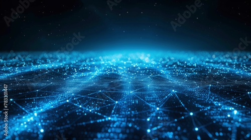 Dark digital data background, network surface with blue lights and lines in abstract cyber space. Concept of future, secure technology, planet, pattern, tech, polygonal