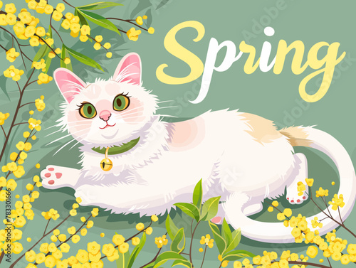 a white cat laying on top of a tree filled with yellow flowers