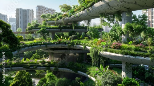 Floating gardens hover above the city providing a burst of greenery in the concrete jungle   AI generated illustration