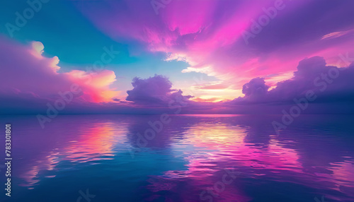 Fantasy seascape with neon color clouds and reflection on the water surface. Dreamlike purple sea background