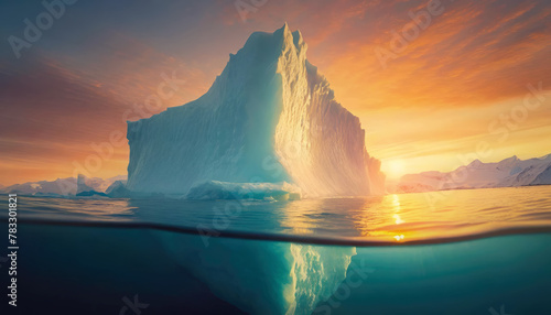 Massive iceberg with half part above the sea and a big chunk underwater. Warm arctic sunset scene, climate change conceptual background