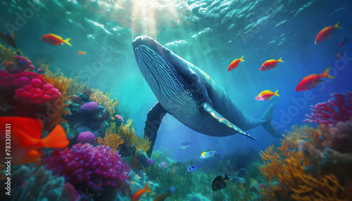 Ocean underwater scene with a whale diving among different colorful fish and coral reef