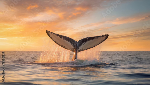 Whale tail seen above the ocean water creating splashes in the sunset light. Beautiful wildlife seascape