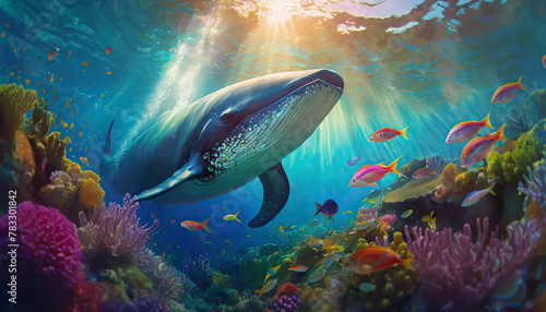 Dreamlike ocean underwater life scene with a giant whale swimming among different colorful fish and coral reef
