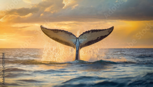 Whale tail splashing above the ocean water with a beautiful sunset on the horizon © psychoshadow