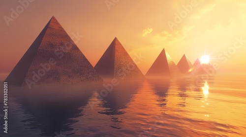 Floating pyramids in a symmetrical formation   AI generated illustration