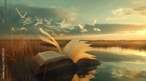 Open book with pages transforming into birds over tranquil water, metaphor for knowledge and freedom. Ideal for educational themes, literary blogs, and tranquil desktop wallpapers.
