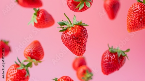 Fresh strawberries hovering in mid-air with a pink gradient backdrop  AI generated illustration