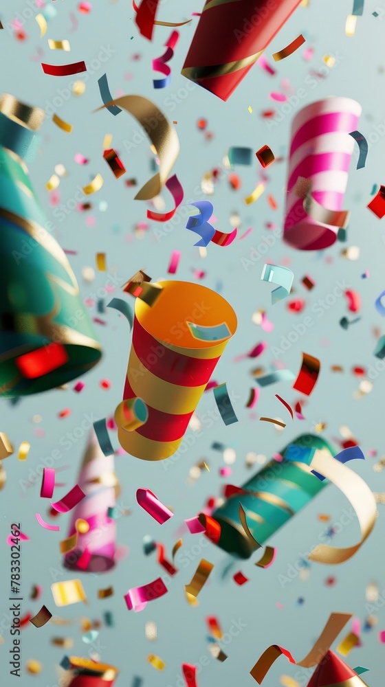 Fun party poppers in an isolated background d style isolated flying objects memphis style d render  AI generated illustration