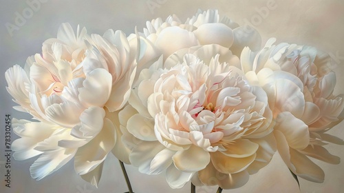 Oil painting of peonies their lush petals unfolding gracefully against a white vintage background © Sara_P
