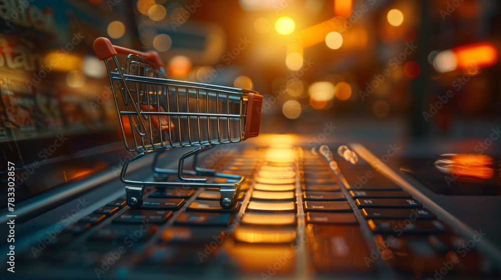 Online shopping Internet shopping concept, empty miniature shopping cart standing in front of laptop, copy space Online shopping Internet shopping concept, empty miniature shopping cart standing in front of laptop, copy space
