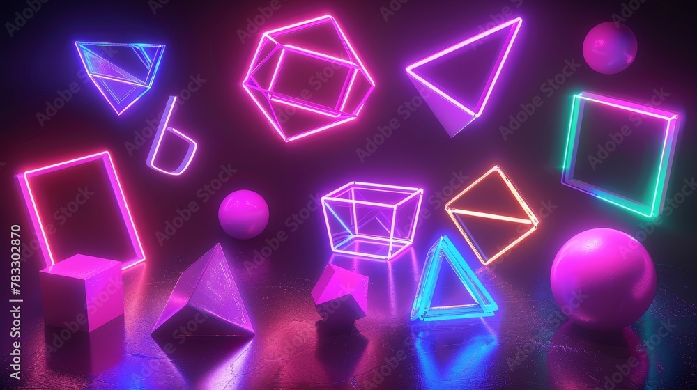 Geometric shapes glowing in neon brilliance d style isolated flying objects memphis style d render   AI generated illustration - obrazy, fototapety, plakaty 