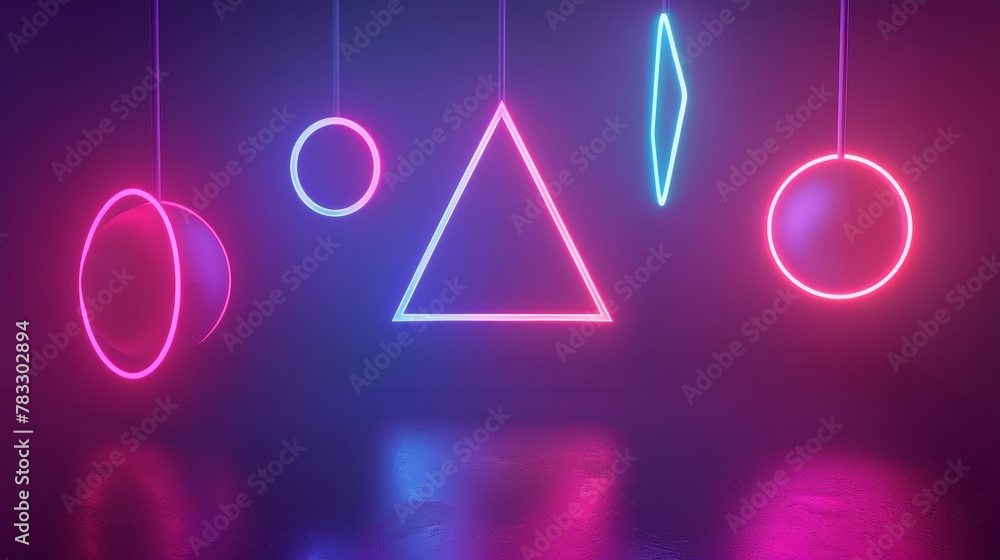 Geometric shapes suspended in mid-air glowing in neon hues d style isolated flying objects memphis style d render   AI generated illustration