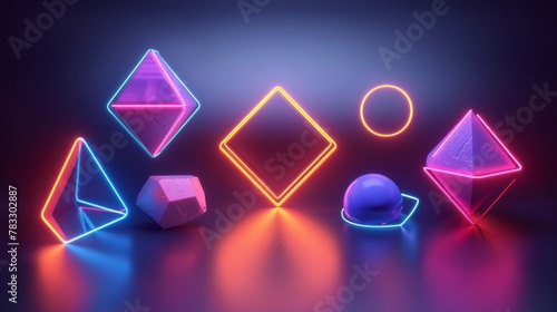 Geometric shapes glowing in neon brilliance d style isolated flying objects memphis style d render  AI generated illustration photo