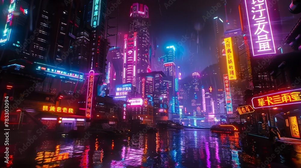 Glowing neon signs illuminate the futuristic city skyline   AI generated illustration