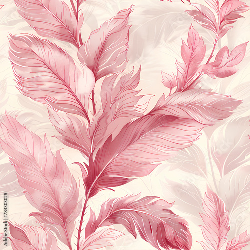 Watercolor feathers with leaves seamless pattern in beige and dusty pink shades