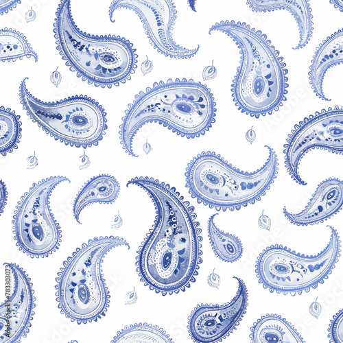 a blue and white paisley pattern on a white background