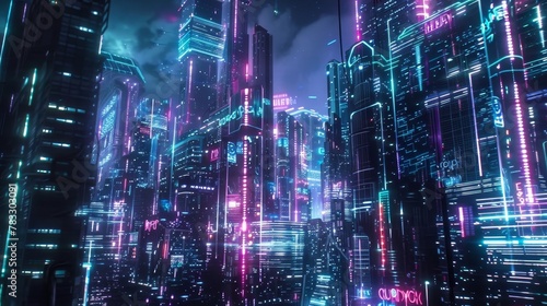 Glowing neon signs illuminate the futuristic city skyline   AI generated illustration