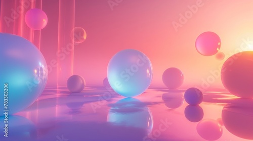 Glowing orbs floating in a neon-colored sky d style isolated flying objects memphis style d render   AI generated illustration