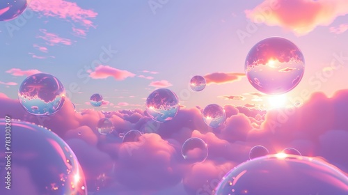Glowing orbs floating in a neon-colored sky d style isolated flying objects memphis style d render  AI generated illustration photo