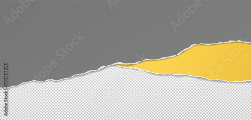 Grey and yellow paper with dotted pattern, torn edges and soft shadow are on squared background for text.